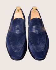 Blue suede penny loafers