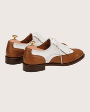 two tone spectator kiltie brogues in tan and white, handmade