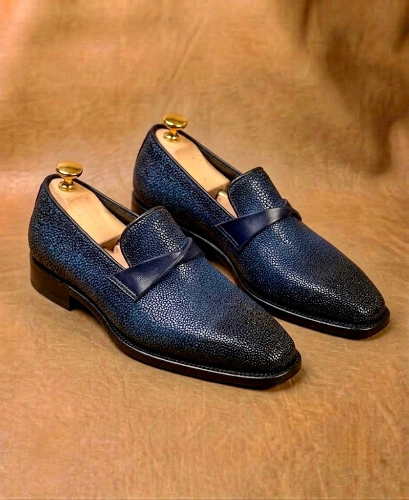 Blue and Black Patina Stingray Loafers