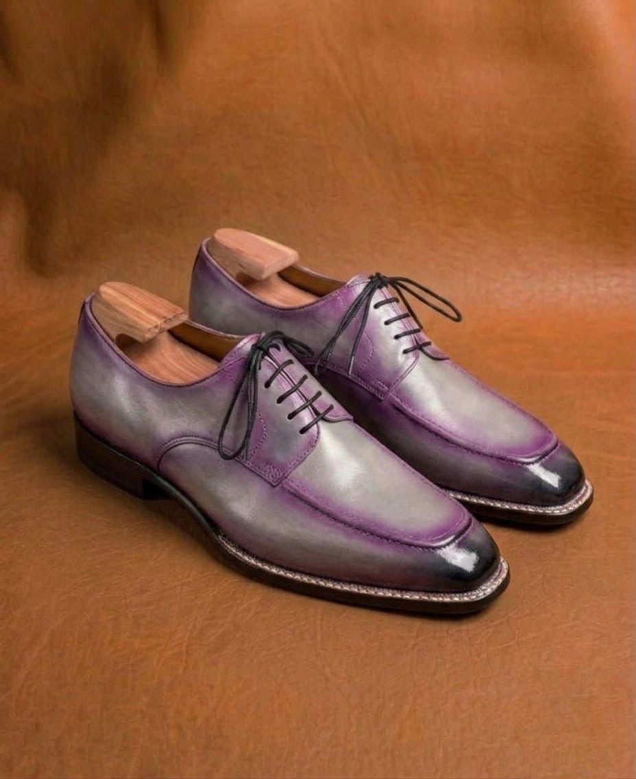Gray Patina Purple Highlights Norwegian Stitch Derby Shoes