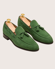 Green suede tassel loafers