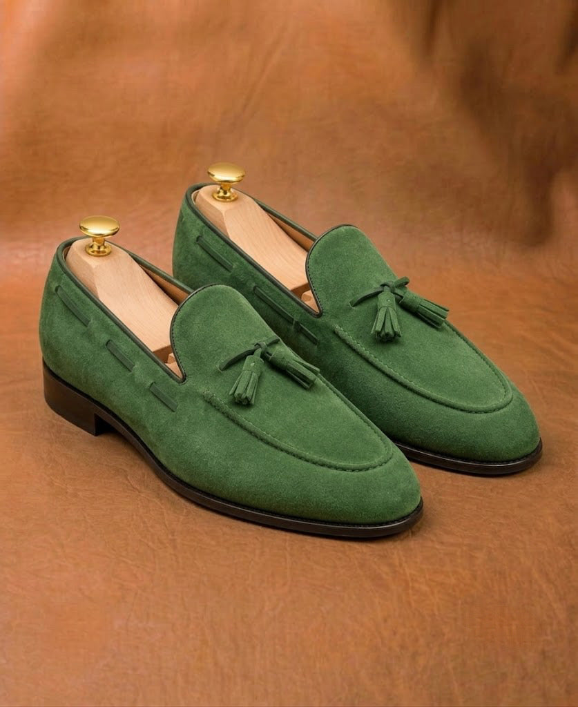 Green Suede Tassel Loafers for Men