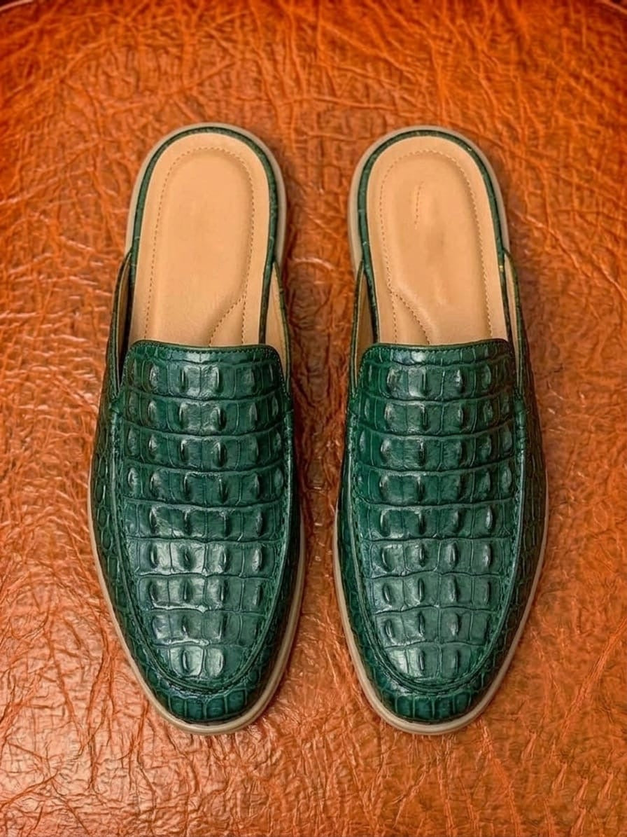 green crocodile mules for men, handmade backless loafer