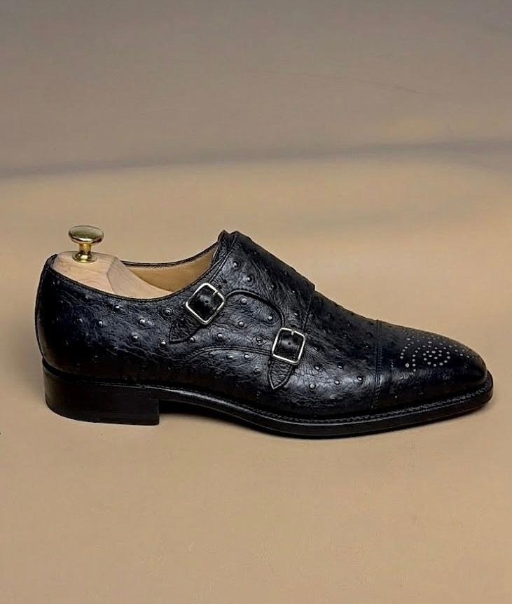 Black ostrich skin monkstrap