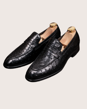 Black ostrich skin penny loafers