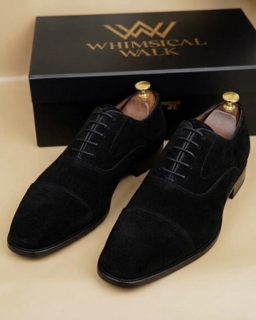 Black suede oxford shoes for men, three quarter view