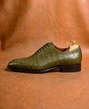 olive green crocodile oxford shoes for men, genuine skin, handmade