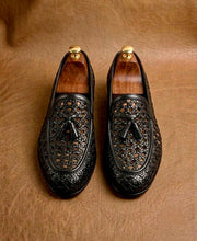 black intrecciato woven tassel loafers for men, handmade