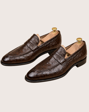 dark brown ostrich loafers for men, genuine quill leather, handmade