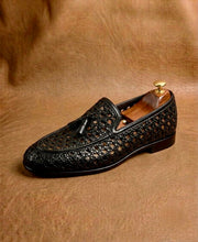 black intrecciato woven tassel loafers for men, handmade