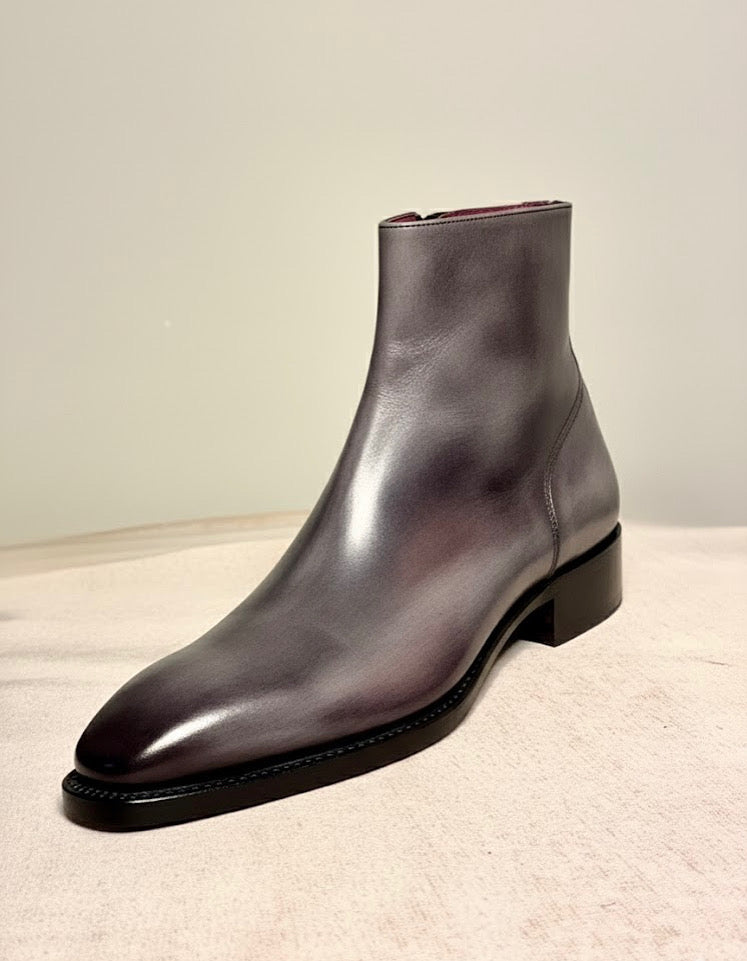 Gray patina zipper boots