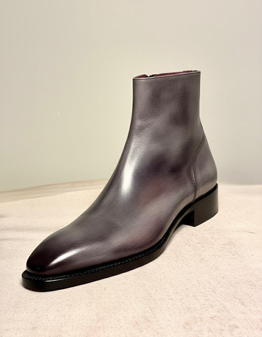 Gray patina zipper boots