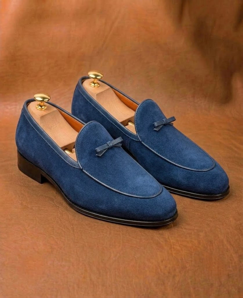 Blue Suede Bow Loafers