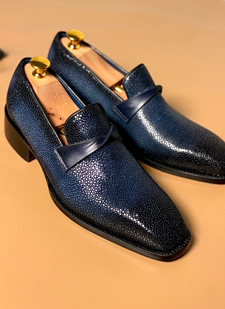 Blue & black patina stingray loafers