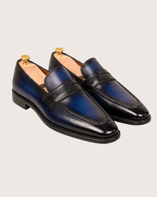 Blue patina penny loafers