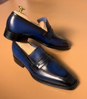 Blue patina penny loafers