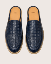 Blue crocodile skin mule