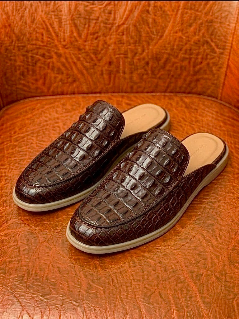 brown crocodile mule for men, genuine skin, handmade backless