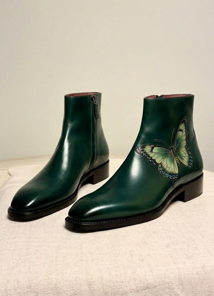 Green patina butterfly zipper boots