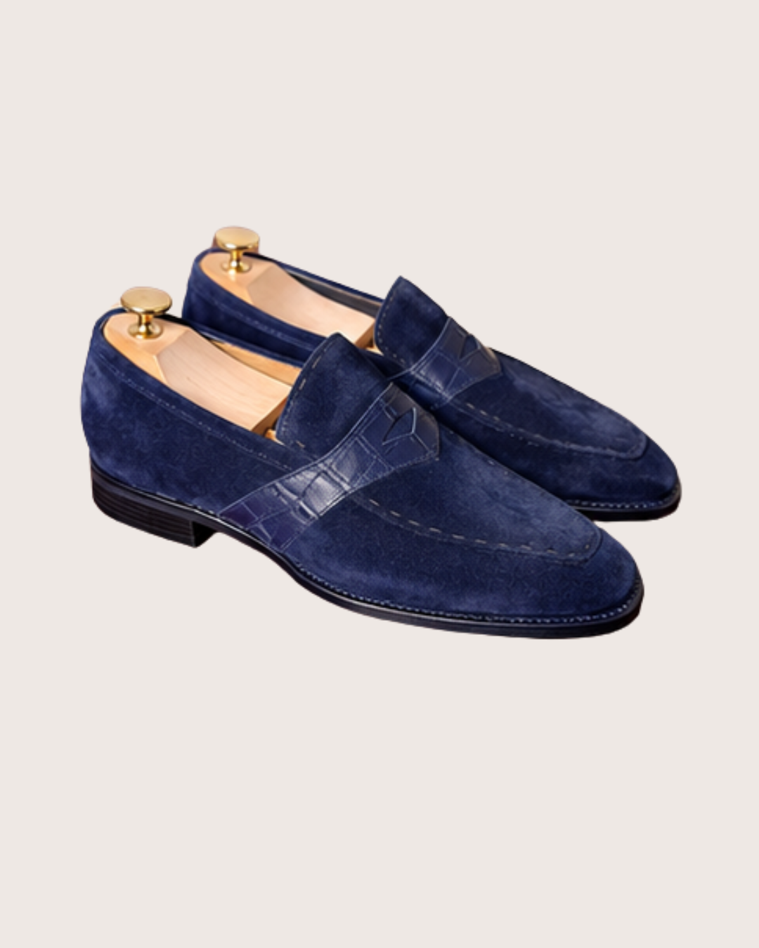 Blue suede penny loafers