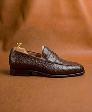 dark brown ostrich loafers for men, genuine quill leather, handmade