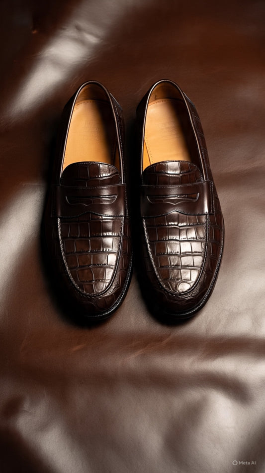 Brown crocodile penny loafers
