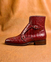 red crocodile monk strap boots for men, genuine skin, handmade