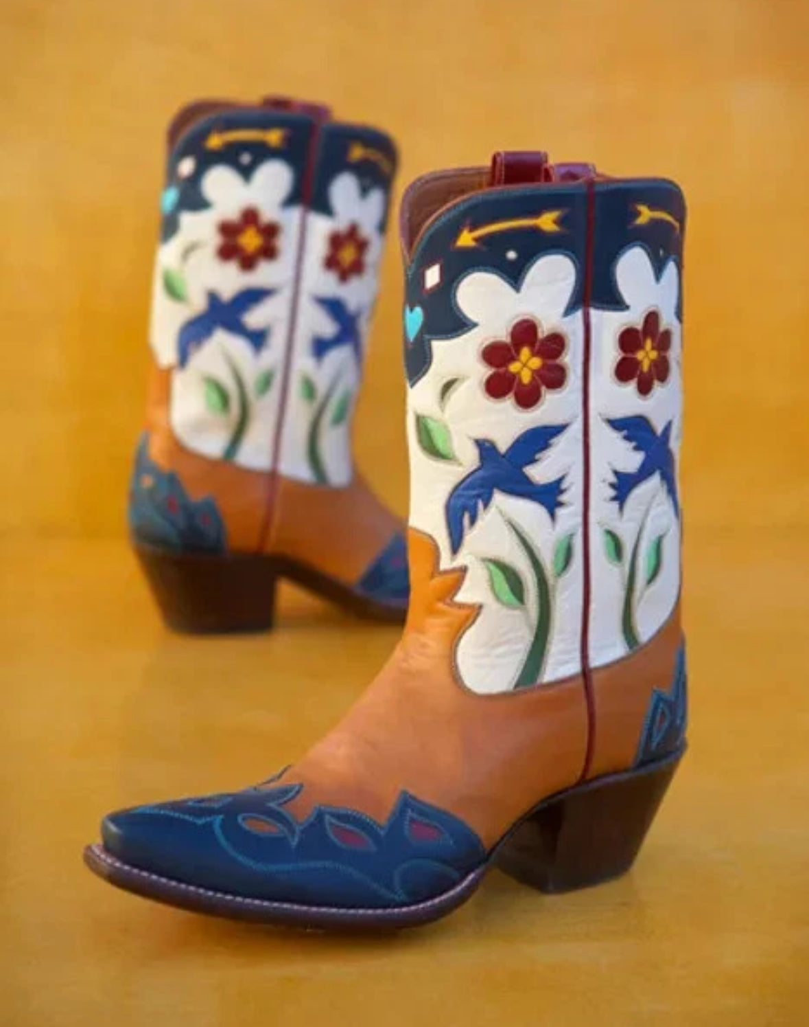Tan blue lil bird cowboy boots