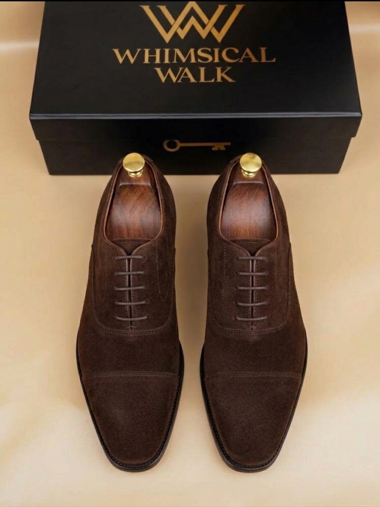 Dark brown suede oxford shoes for men with closed lacing