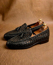 black intrecciato woven tassel loafers for men, handmade