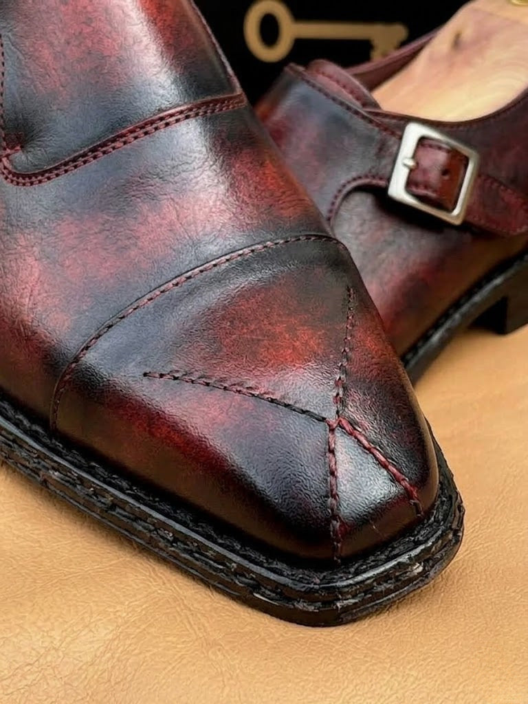 Red patina cross stitched monkstrap
