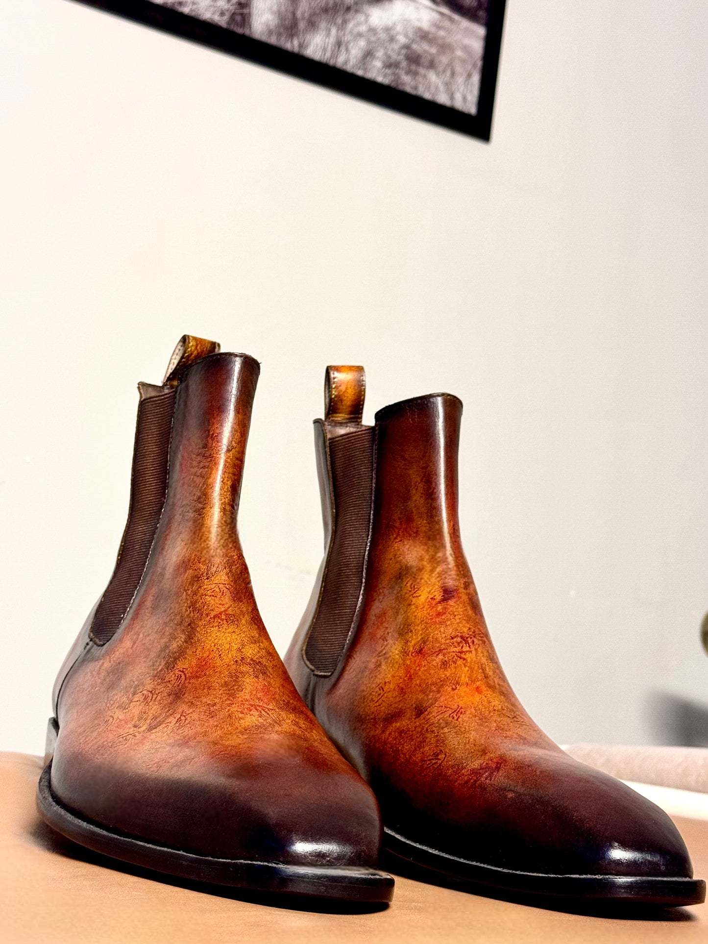 Brown patina Chelsea boots