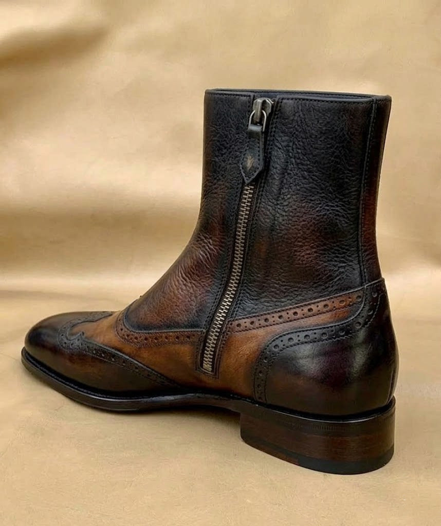 Brown patina zipper boots