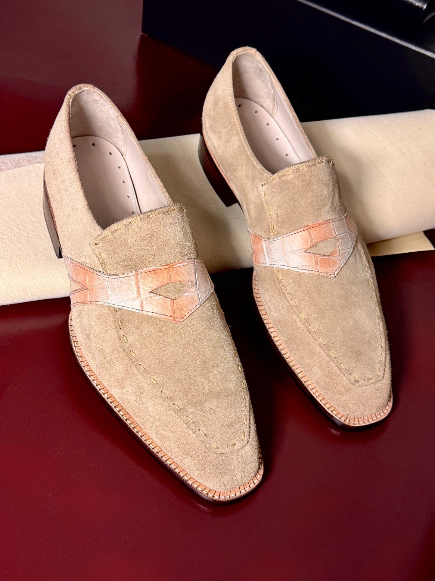 Beige suede penny loafer