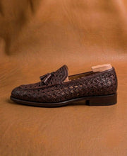 burgundy intrecciato woven tassel loafers for men, handmade
