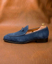 Blue Suede Bow Loafers
