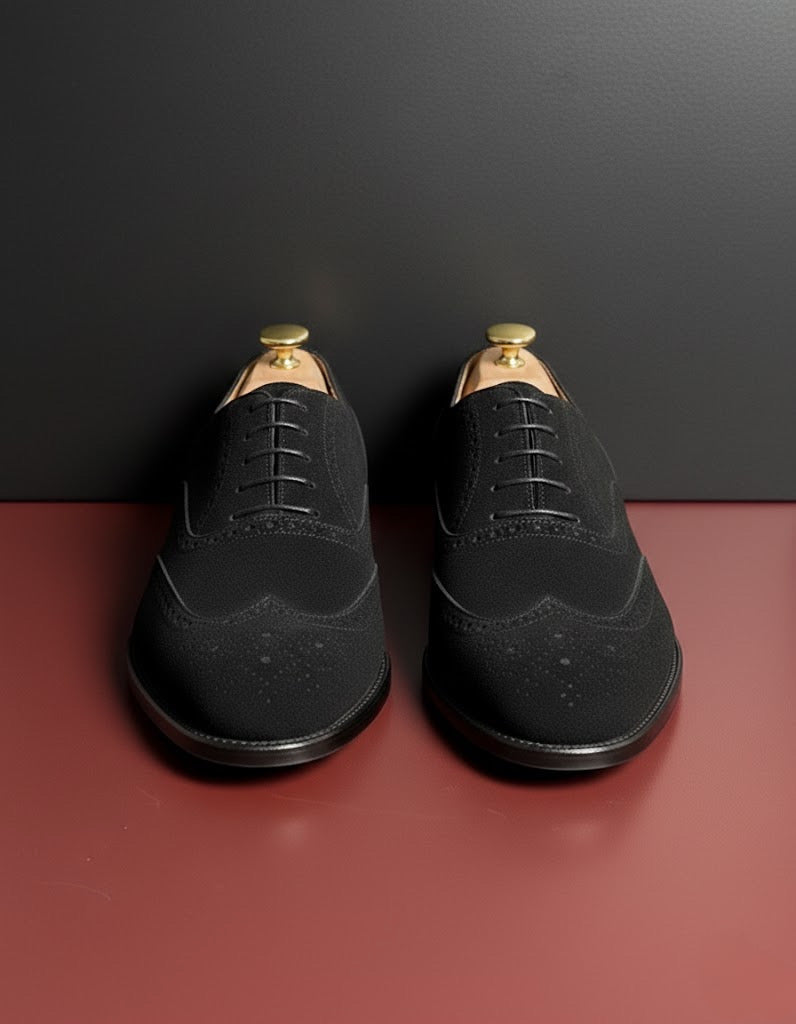 Black suede leather wingtip oxford