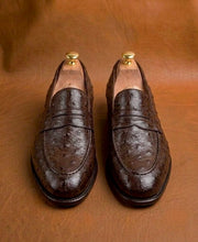 dark brown ostrich loafers for men, genuine quill leather, handmade
