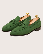 Green suede tassel loafers