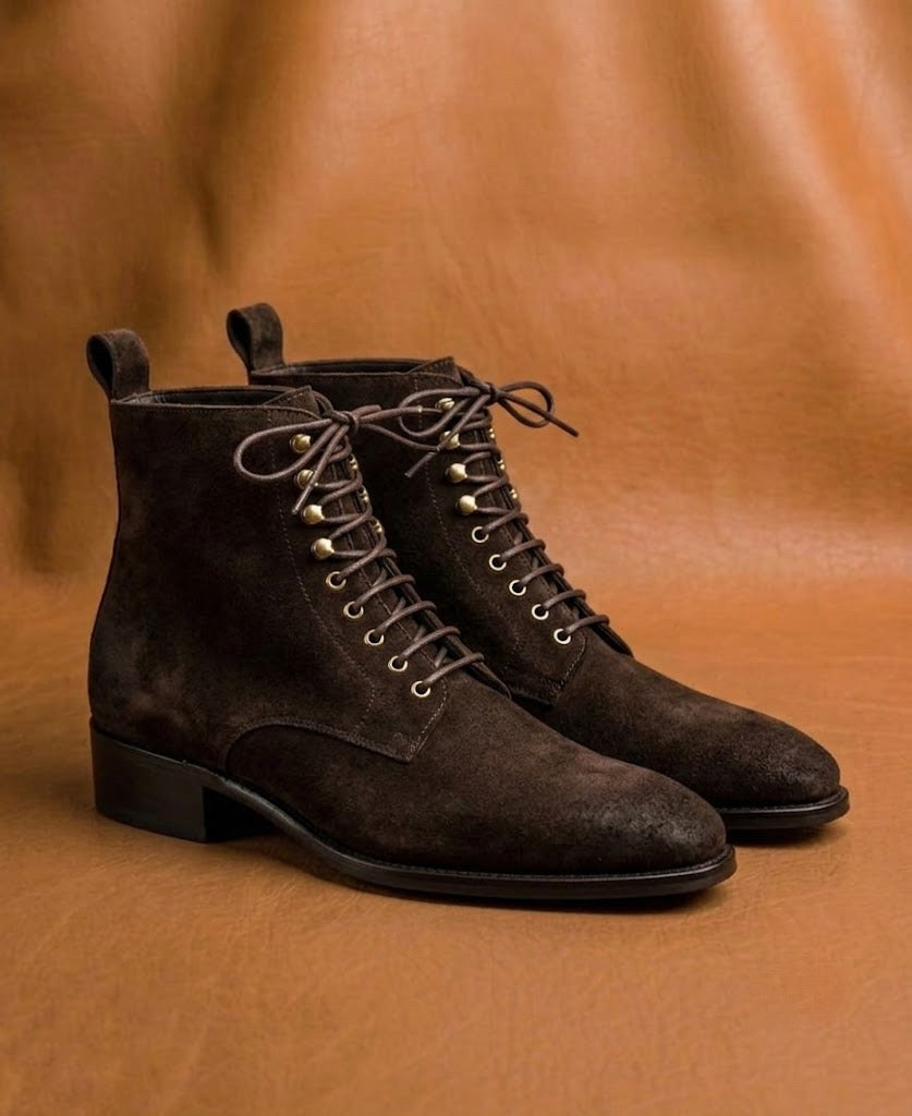 Dark brown suede derby boots