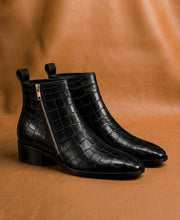 mens black exotic dress boots with side zipper
