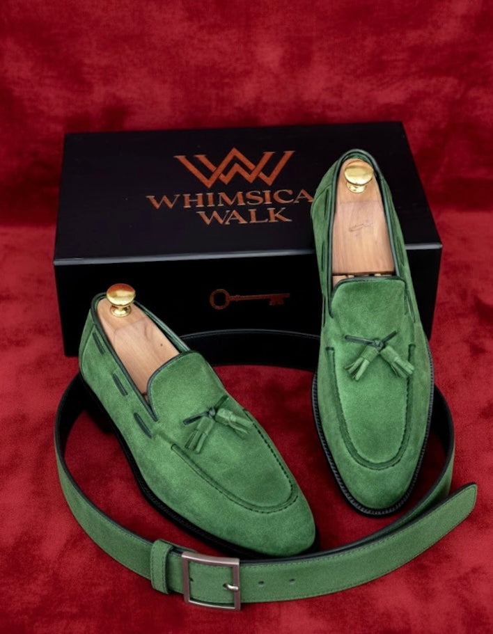 Green suede tassel loafers with belt
