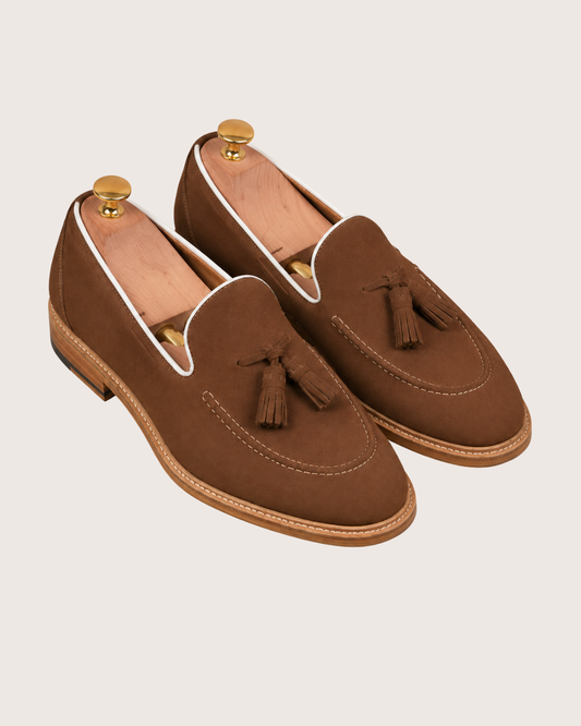 Brown suede tassel loafers
