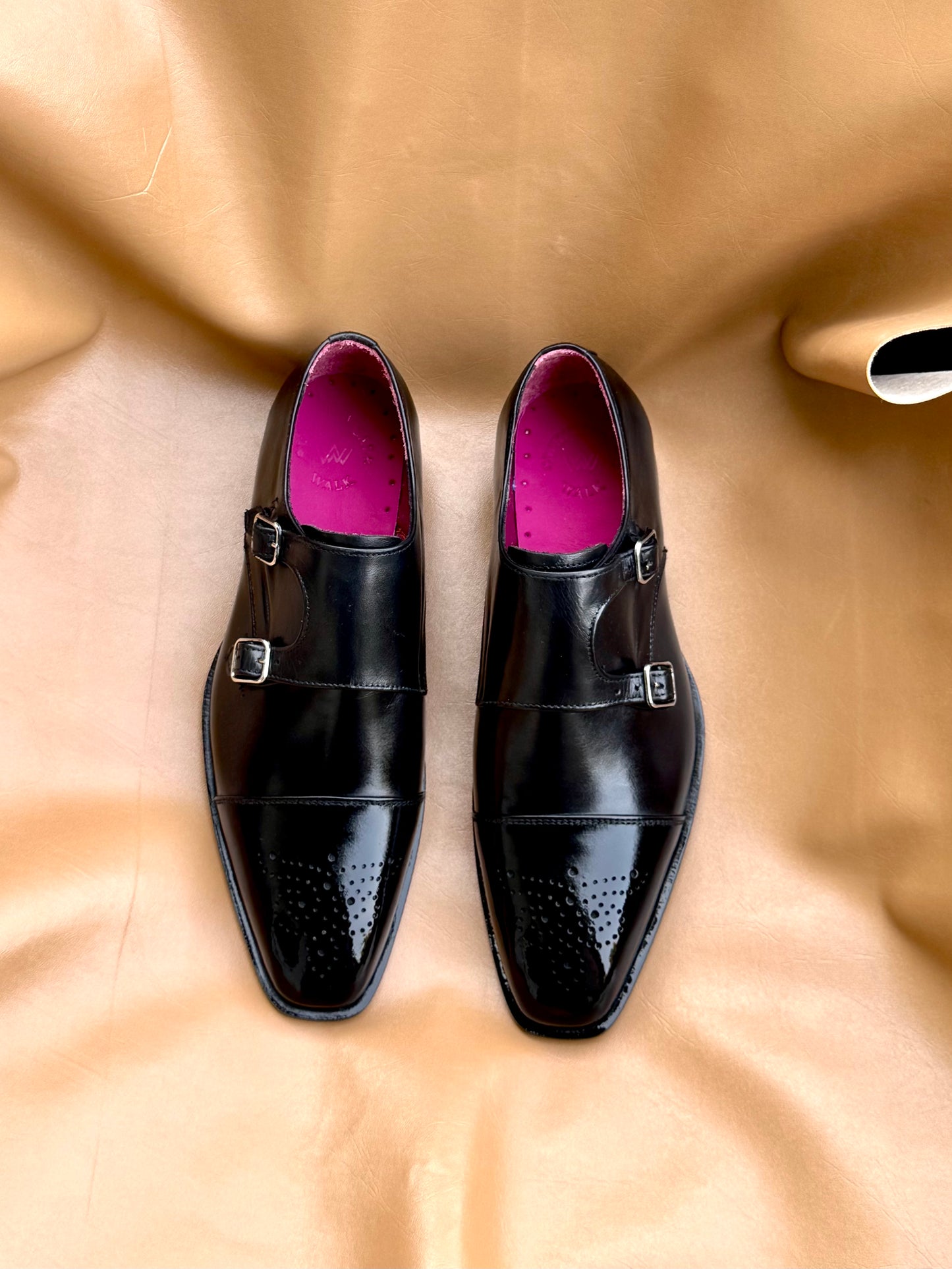 Black semi brogue double monkstrap