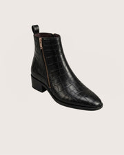 black crocodile boots styled with dark denim

