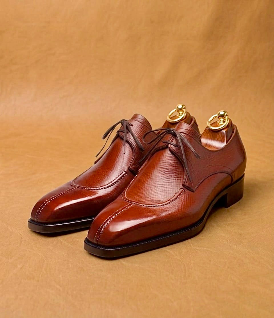 chiseled split toe derby shoes for men, hand stitched apron, handmade