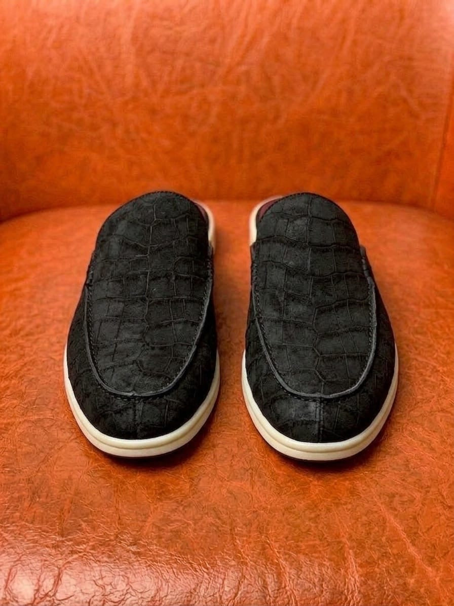 black nubuck crocodile mule for men, handmade backless loafer
