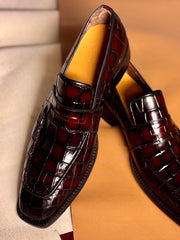 Red crocodile penny loafers