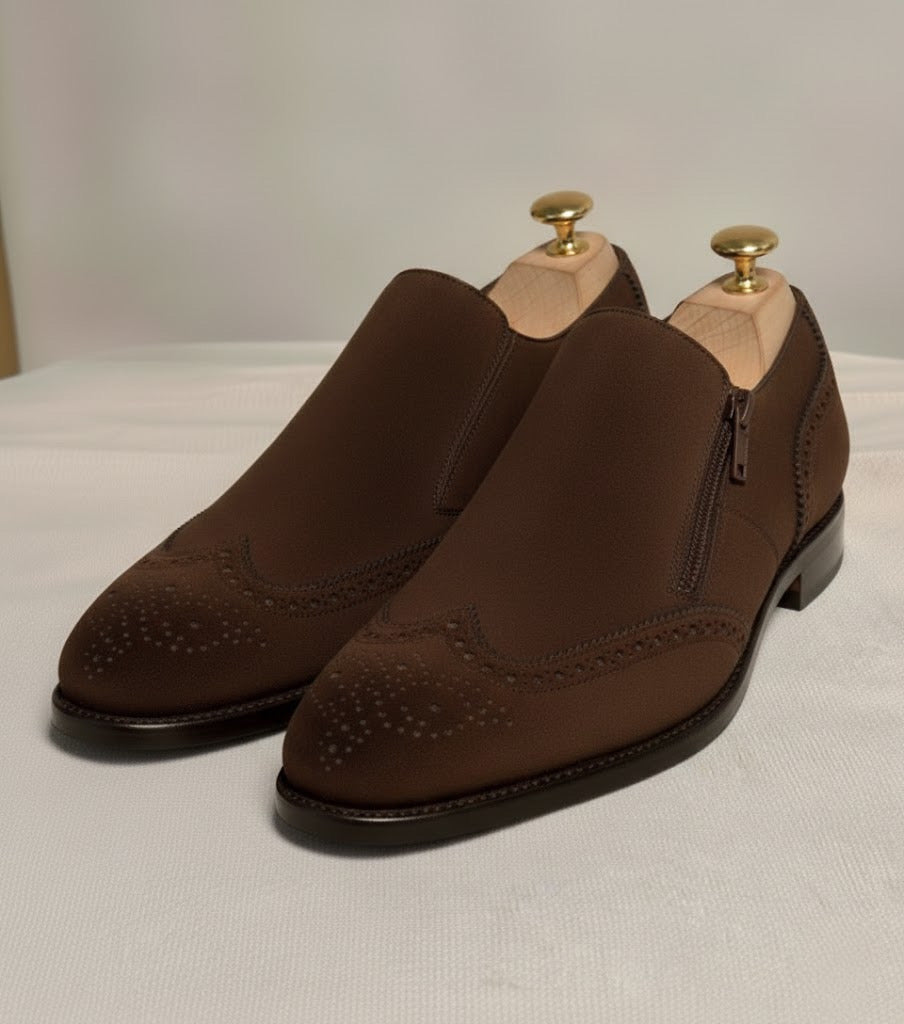 Dark brown suede zipper brogue