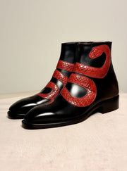 Men's Black and Red Python Zipper Boots